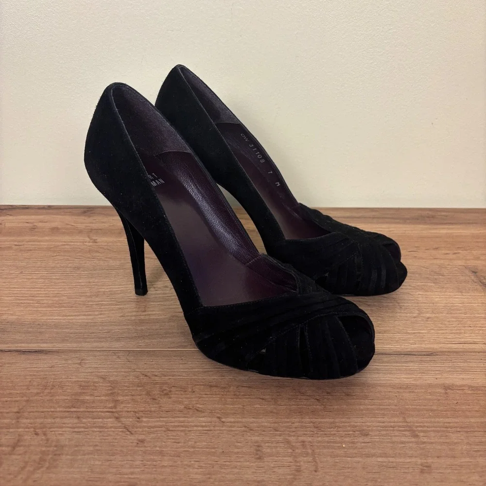 STUART WEITZMAN Suede D'Orsay Peep Toe Pumps Black Women Size 7 Formal‎ Stiletto